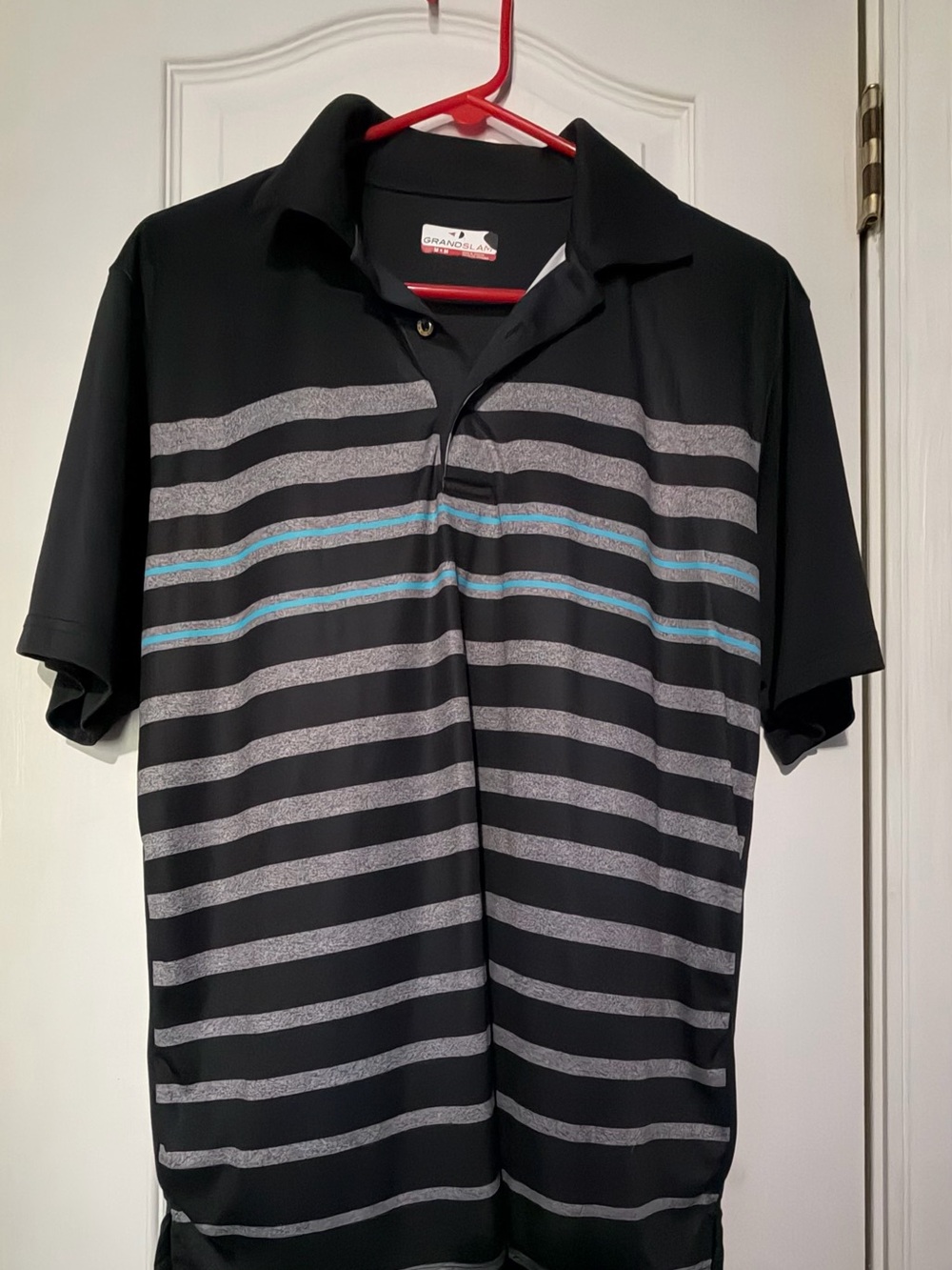 Grand Slam Black Polo with Gray and Teal Stripes